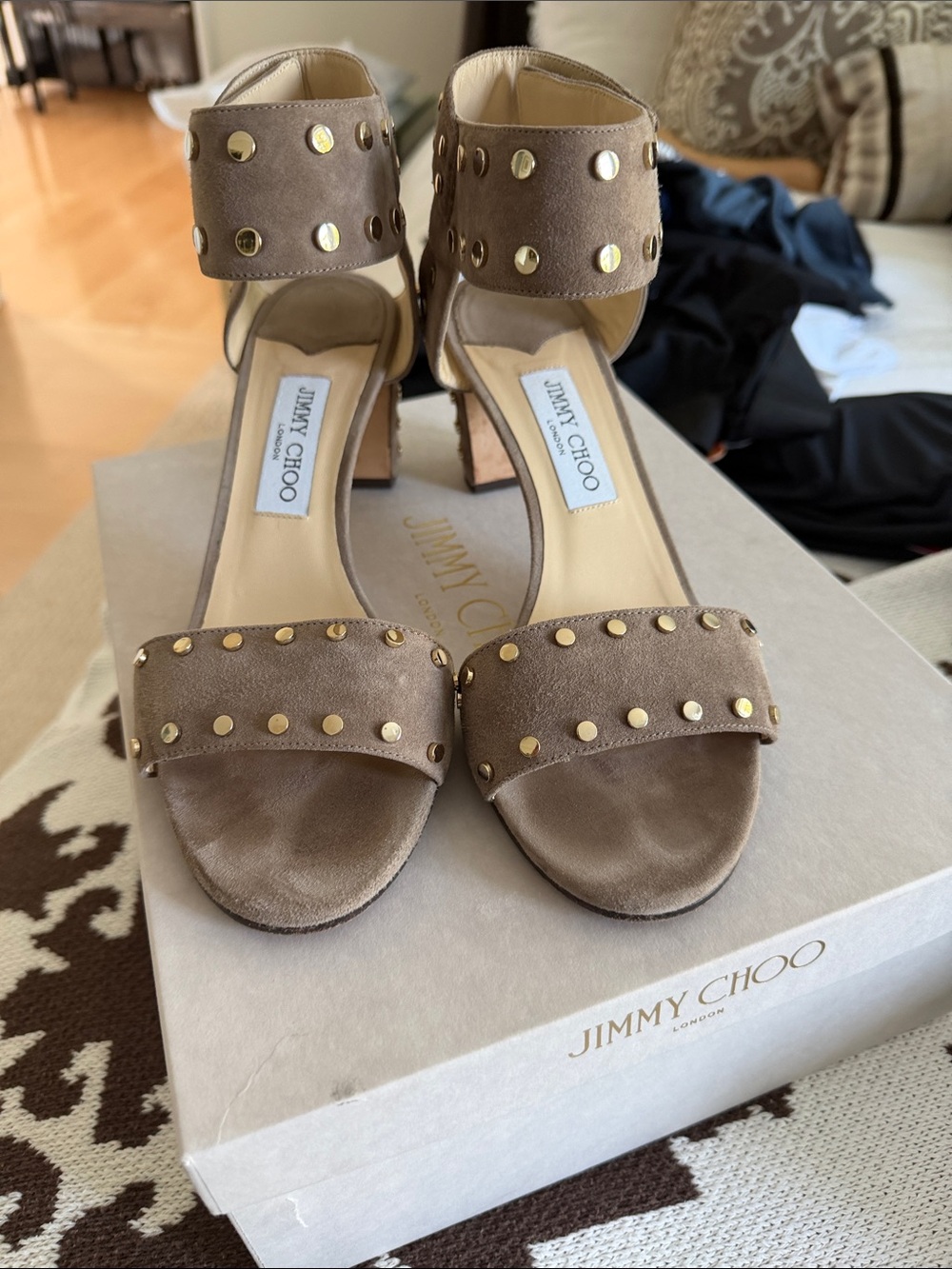 Jimmy Choo Taupe Suede Studded Block-Heel Sandals